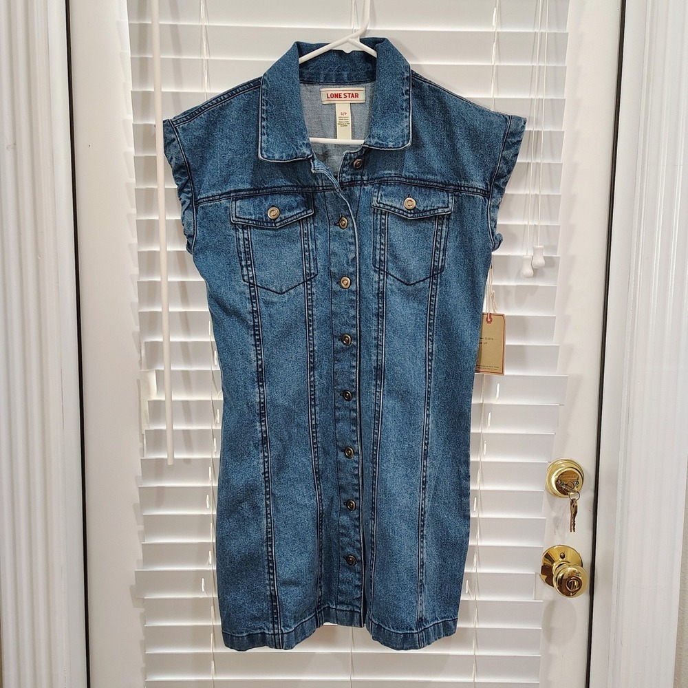 LONE STAR Denim Mini Dress Womens S Blue Button Front Cap Sleeve Western Fair